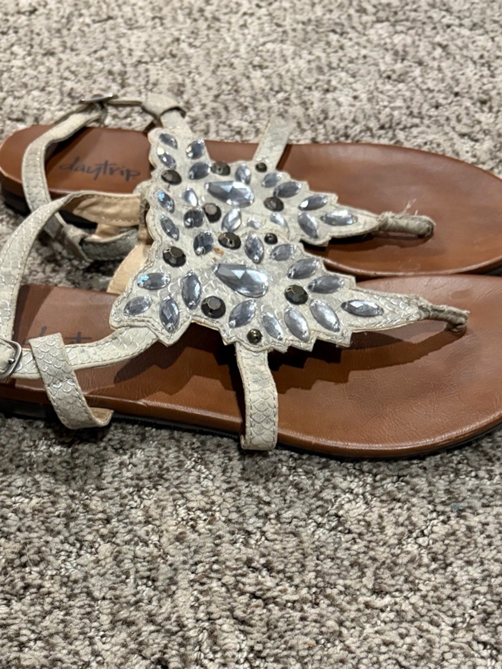 Daytrip Ivory Jeweled T-Strap Sandals with Clear Crystal Accents